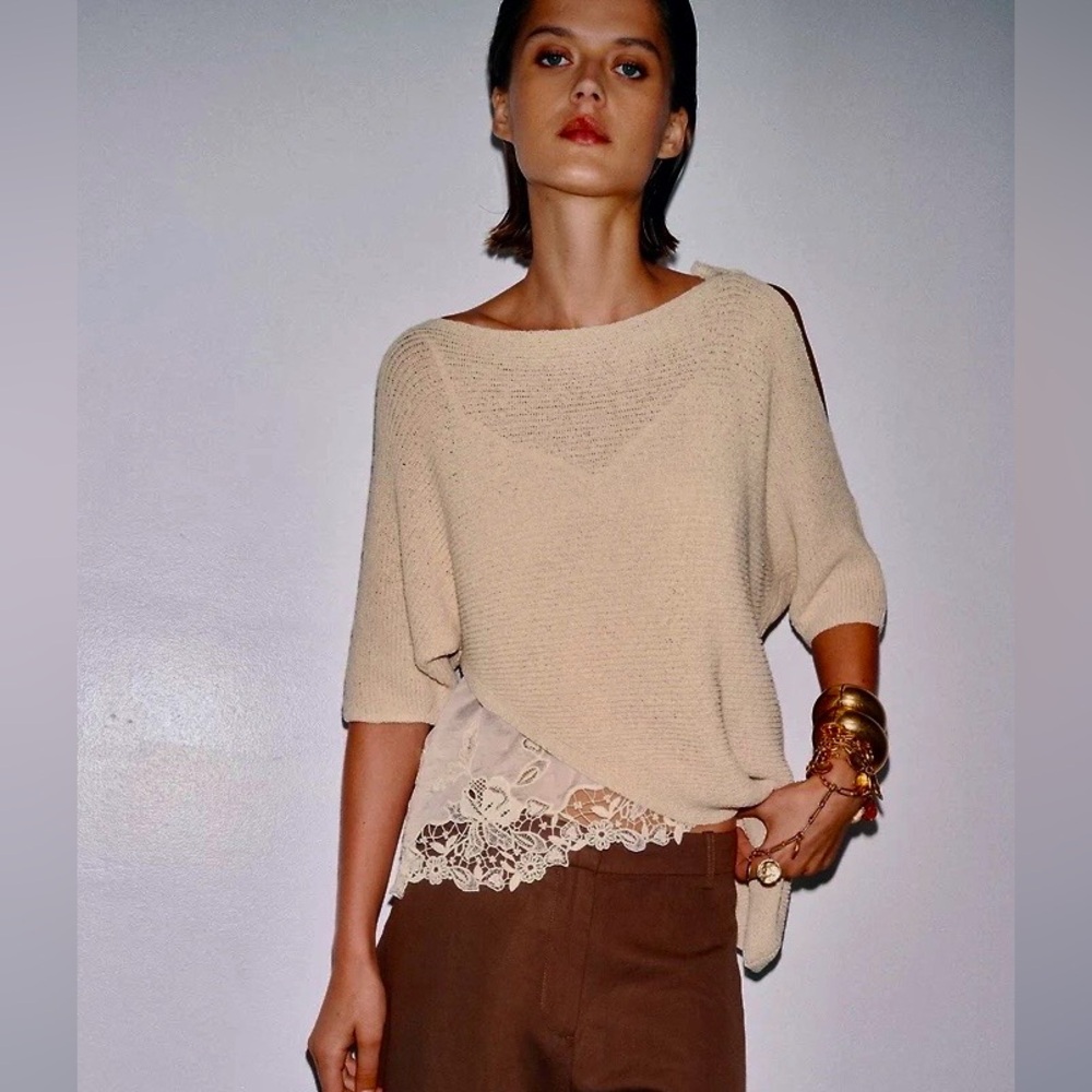 ASYMMETRICAL COMBINATION KNIT TOP with lace From Zara Size L